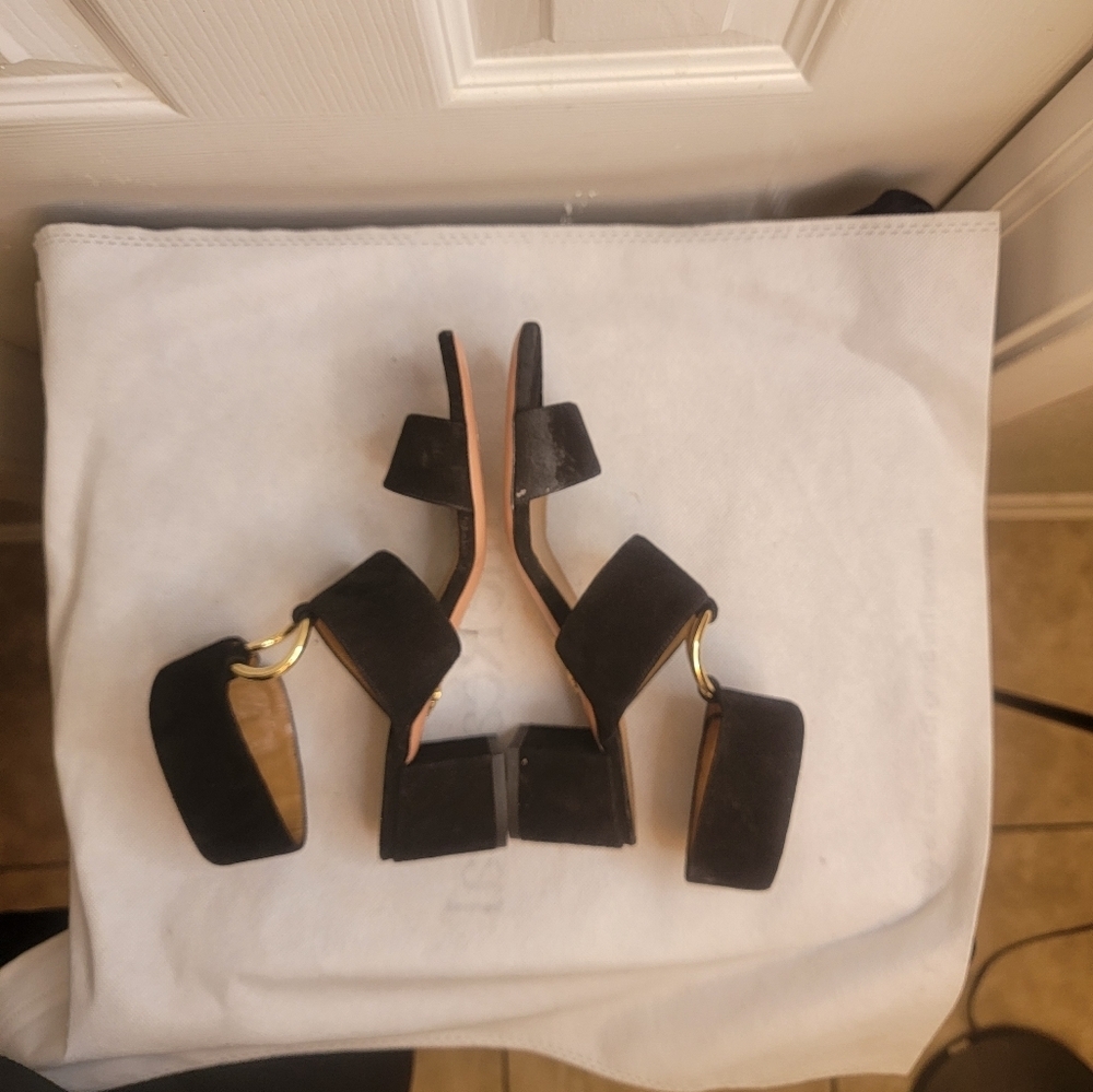 AQUAZZURA CAMEL SUEDE SAFARI LEATHER GOLD RING MID HEEL ANKLE STRAP  SANDALS - Picture 14 of 16